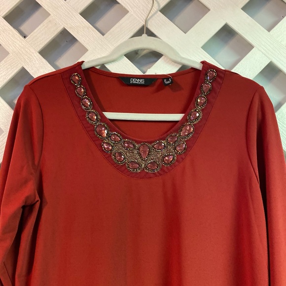 Dennis Basso 3/4 Sleeve Crepe Caviar Tunic Rhinestones Neckline Small Red Garnet - Picture 4 of 6